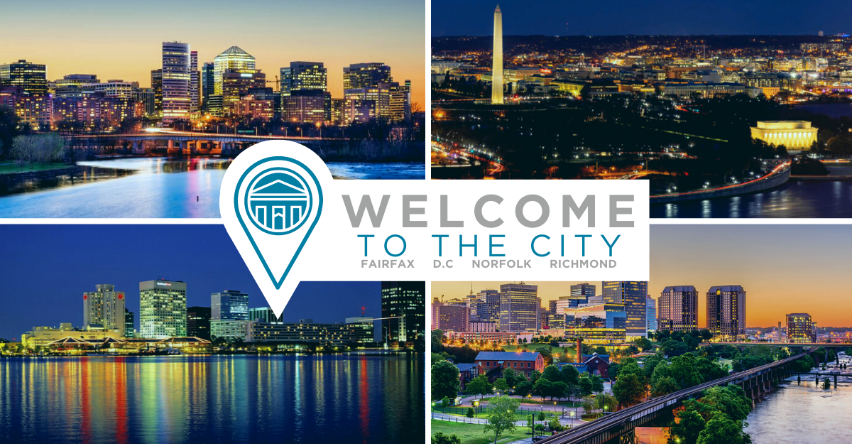 Welcome to the City logo overlapping skylines of Norfolk, Richmond, Fairfax and DC